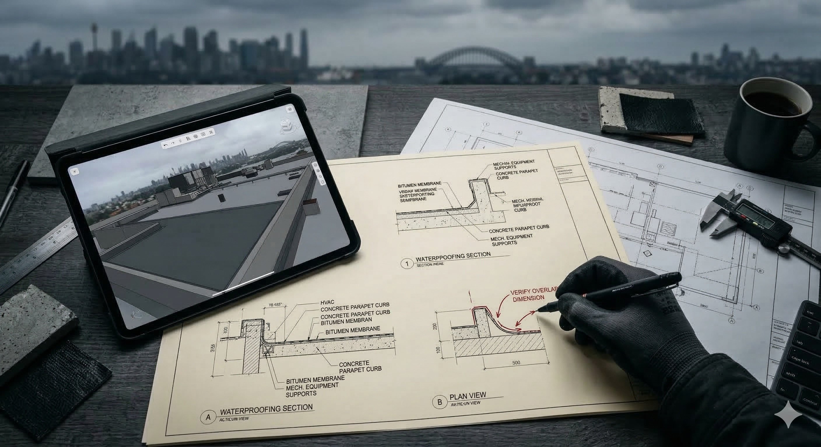 Waterproofing design drawings and compliance documentation on desk