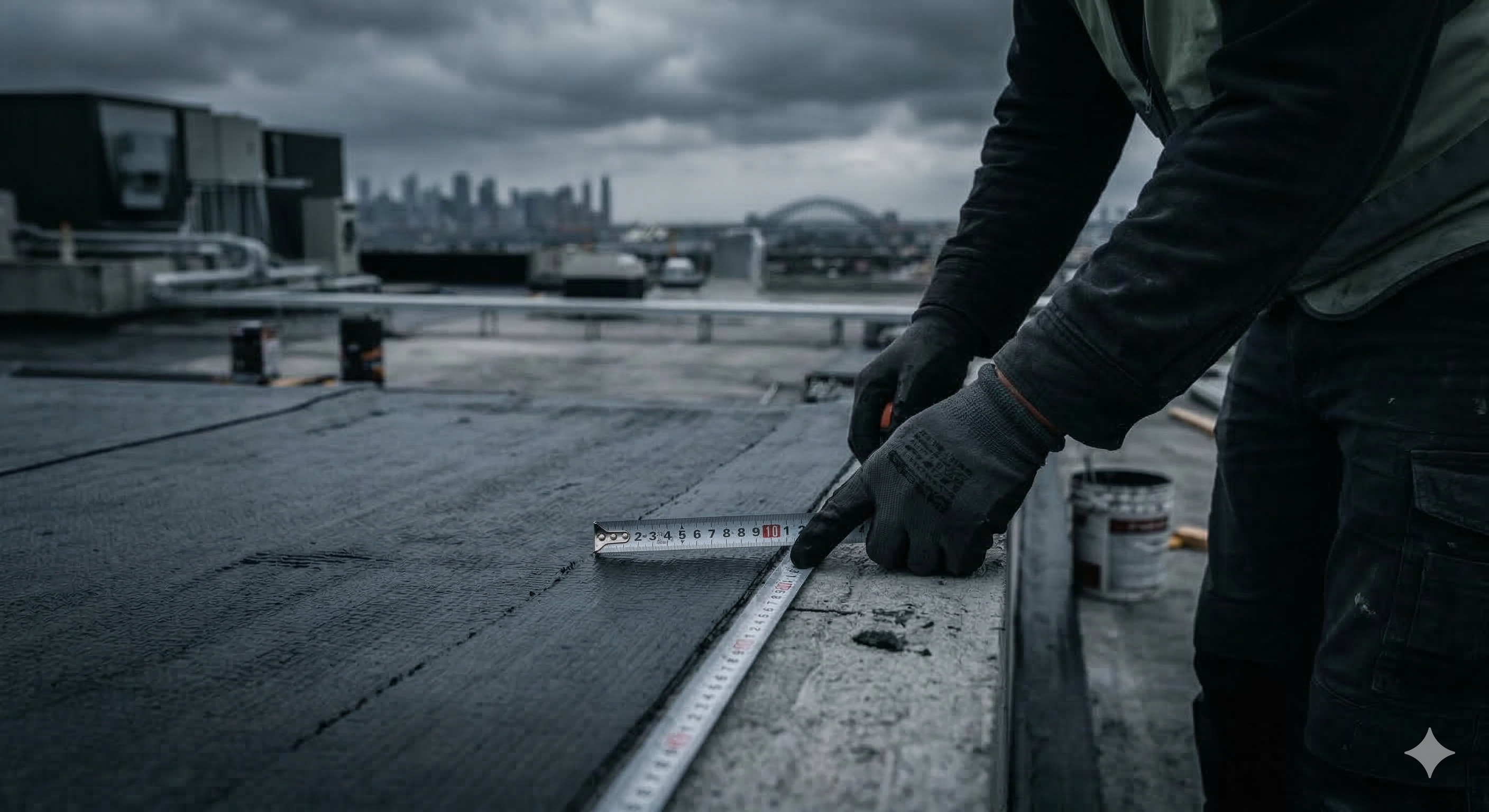 Waterproofing membrane inspection with measuring tape on concrete substrate
