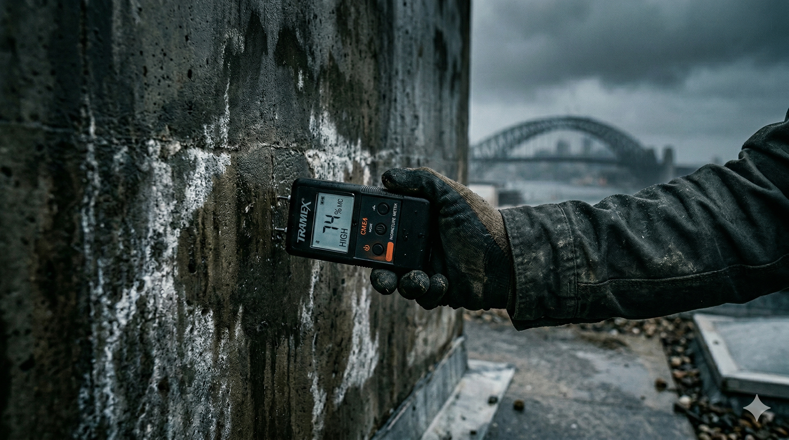 Leak investigation with moisture meter on concrete wall